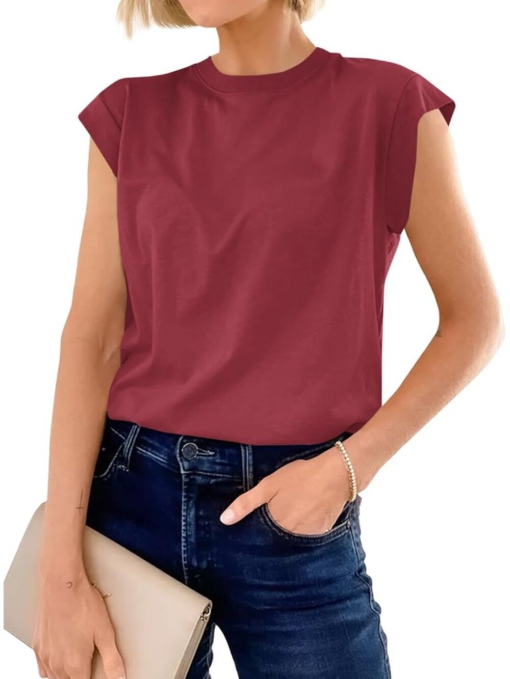 Women's Wine Red Short Sleeve Crew Neck Basic Tee Loose Fit Cotton T Shirts